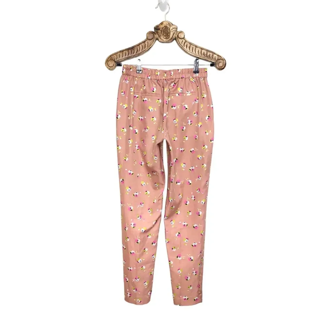 J. Crew Pants Pink Floral Pansies Print Satin Skinny Leg Pull On Trouser 0